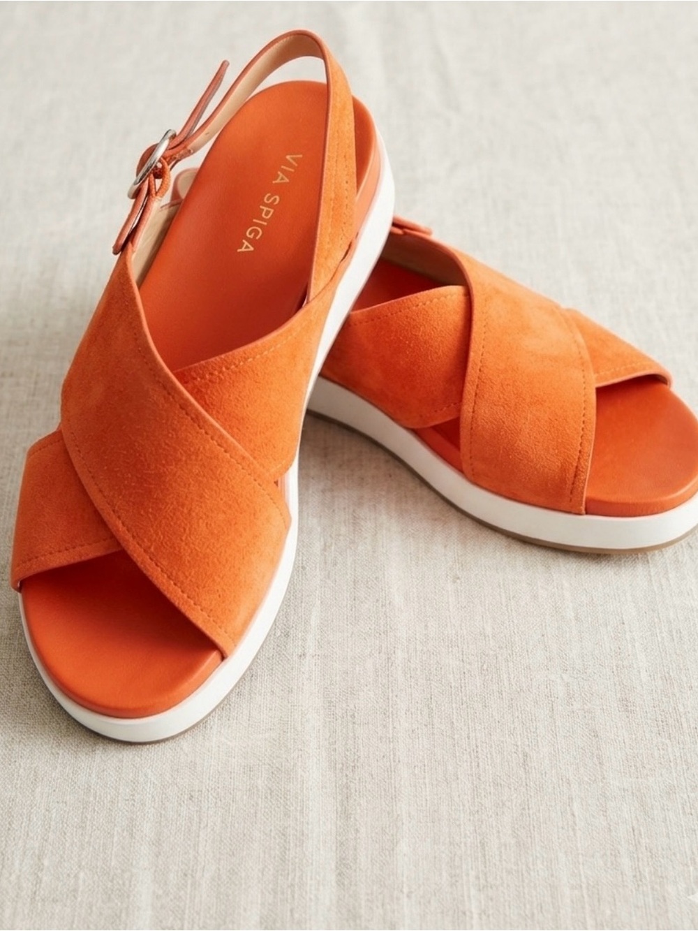 Via Spiga Orange Sued Sandals Crisscross Strap White Platform Sole Women's 10 - Picture 2 of 9